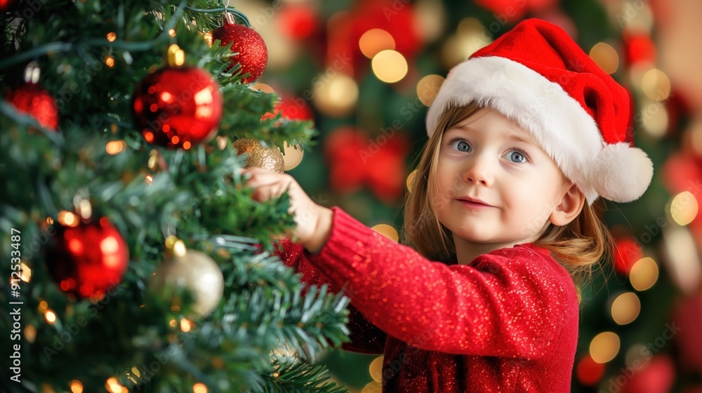 A child in a festive red outfit adds ornaments to a beautifully decorated Christmas tree, surrounded by a warm, cheerful atmosphere filled with holiday spirit A child in a festive red outfit adds ornaments to a beautifully decorated Christmas tree, surrounded by a warm, cheerful atmosphere filled with holiday spirit