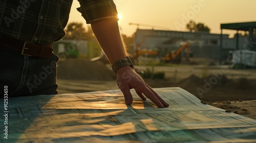 Engineer reviewing blueprints at a construction site, focusing on precision and innovation