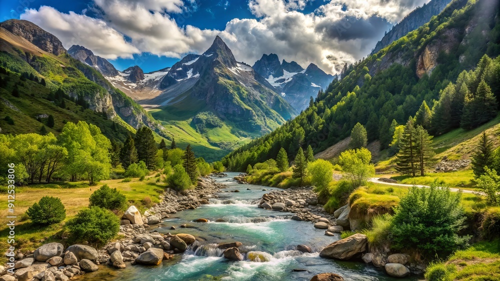 Scenic mountain valley surrounded by rugged peaks and lush green forests, with a serene river flowing through the heart of the Aragonese Pyrenees landscape. Scenic mountain valley surrounded by rugged peaks and lush green forests, with a serene river flowing through the heart of the Aragonese Pyrenees landscape.