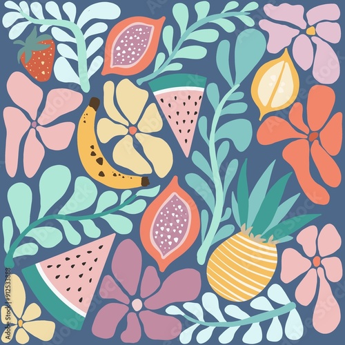 A vibrant and colorful pattern featuring various fruits and flowers, including strawberries, bananas, and pineapples, surrounded by leafy designs