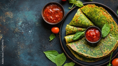 Healthy Palak Dosa made with spinach batter and served with red chutney, shown with advertising space. Ideal for showcasing nutritious Indian cuisine. photo