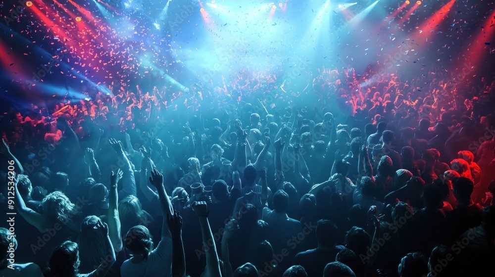 A lively crowd dances energetically at a nightclub, surrounded by colorful lights and confetti, creating an electrifying atmosphere of celebration and excitement A lively crowd dances energetically at a nightclub, surrounded by colorful lights and confetti, creating an electrifying atmosphere of celebration and excitement