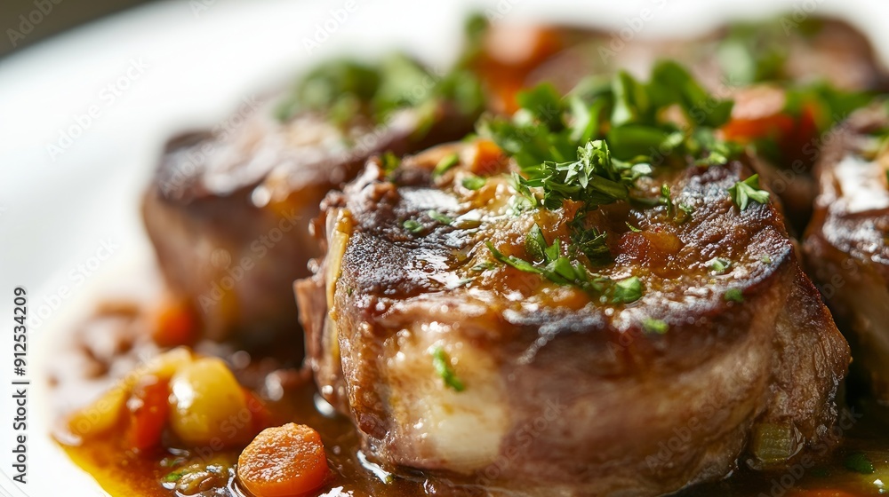 Closeup of Braised Beef with Parsley and Vegetables Closeup of Braised Beef with Parsley and Vegetables