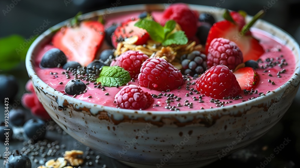 A bowl of fruit with strawberries, blueberries, and raspberries A bowl of fruit with strawberries, blueberries, and raspberries