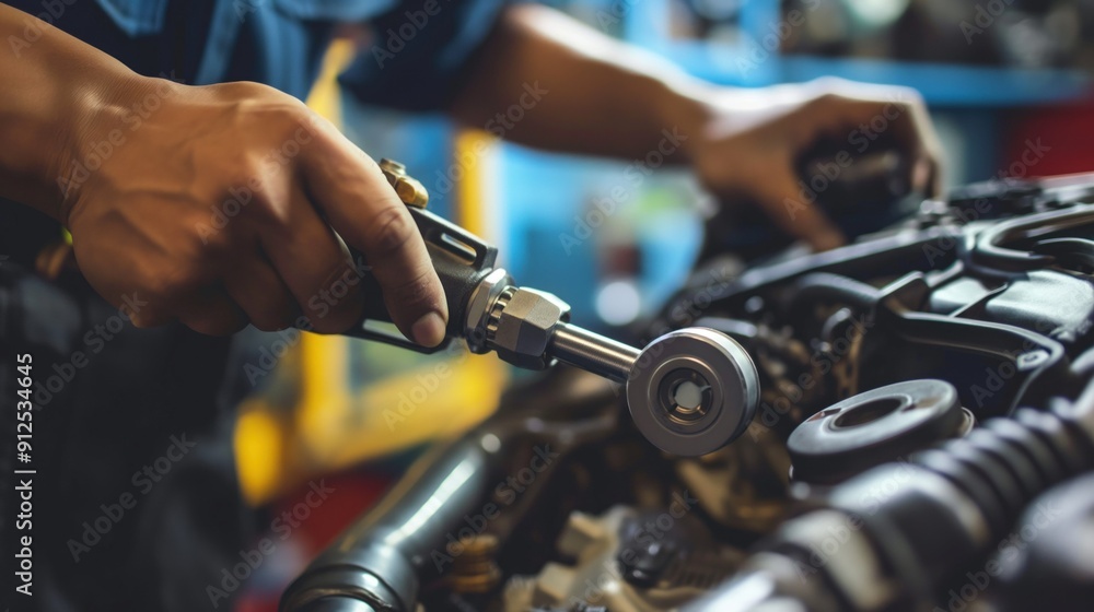 A mechanic uses a wrench to adjust components of an engine, focused on precision and repairs in a well-equipped workshop filled with tools A mechanic uses a wrench to adjust components of an engine, focused on precision and repairs in a well-equipped workshop filled with tools