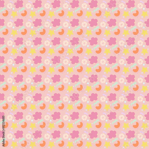 A colorful and playful pattern featuring flowers, abstract shapes, and circular designs in pastel colors. The background is light pink, with pink, yellow, orange, and green elements.