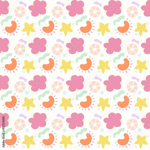 A colorful and playful pattern featuring flowers, abstract shapes, and circular designs in pastel colors. The background is white, with pink, yellow, orange, and green elements.