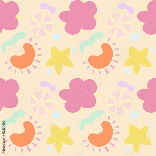 A colorful and playful pattern featuring flowers, abstract shapes, and circular designs in pastel colors. The background is light cream, with pink, yellow, orange, and green elements.
