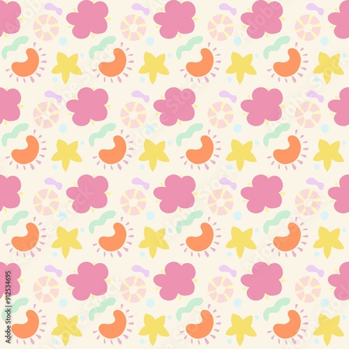 A colorful and playful pattern featuring flowers, abstract shapes, and circular designs in pastel colors. The background is light cream, with pink, yellow, orange, and green elements.