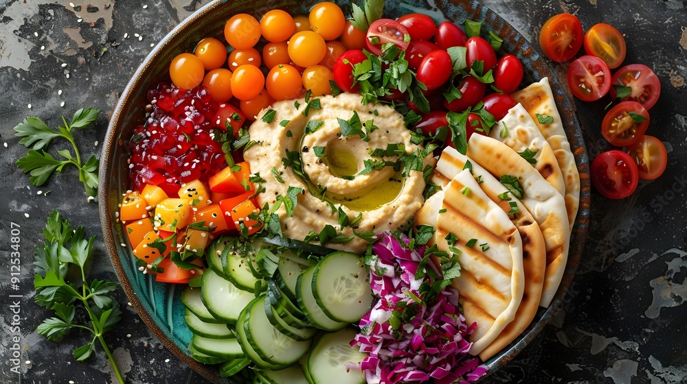 A colorful bowl of vegetables and hummus A colorful bowl of vegetables and hummus