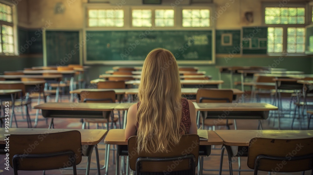A solitary student with long hair gazes toward the blackboard in an empty classroom filled with wooden desks and bright sunlight streaming through the windows A solitary student with long hair gazes toward the blackboard in an empty classroom filled with wooden desks and bright sunlight streaming through the windows