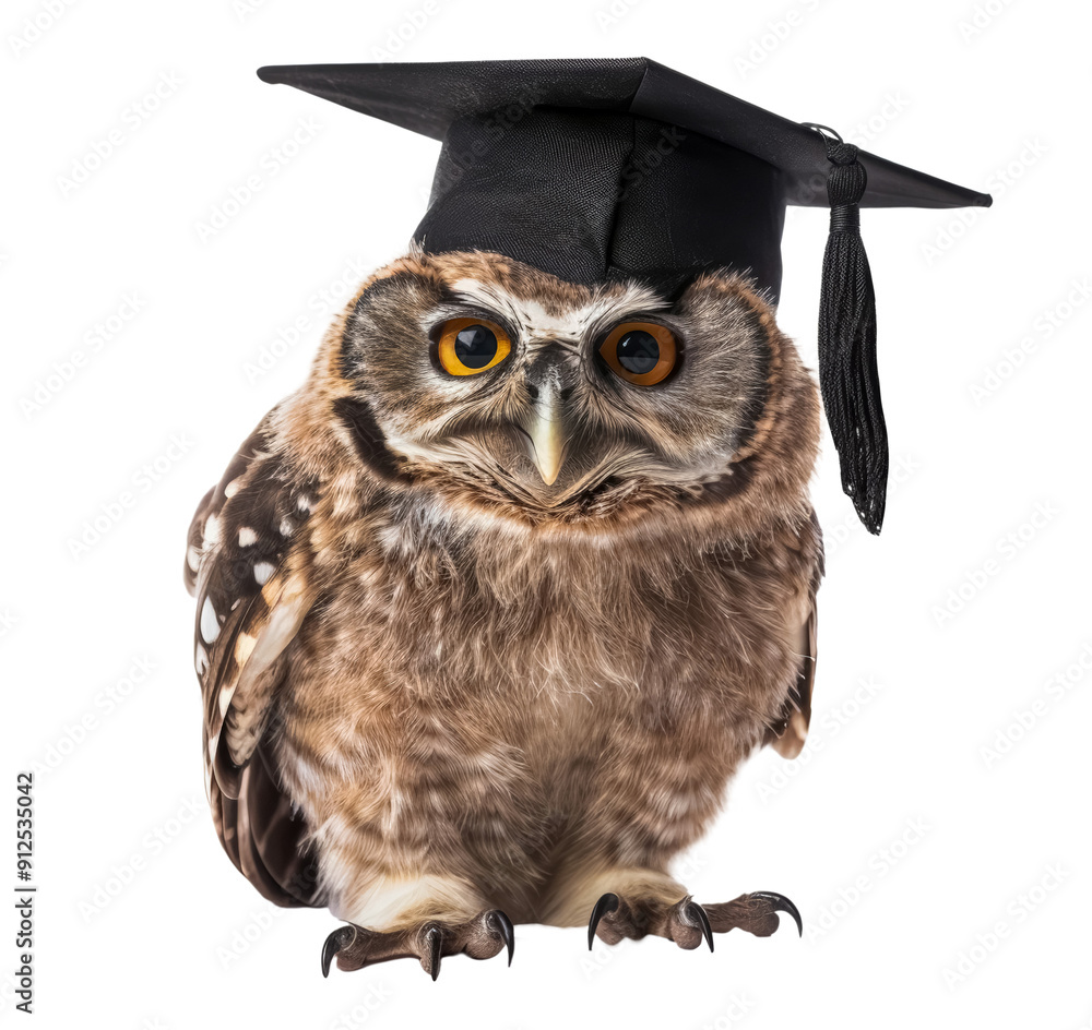 Obraz premium Cute owl in graduation cap isolated on transparent background, PNG, cutout