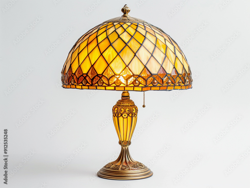 Beautiful Tiffany Style Table Lamp With Amber Glass Shade In Bright Natural Light