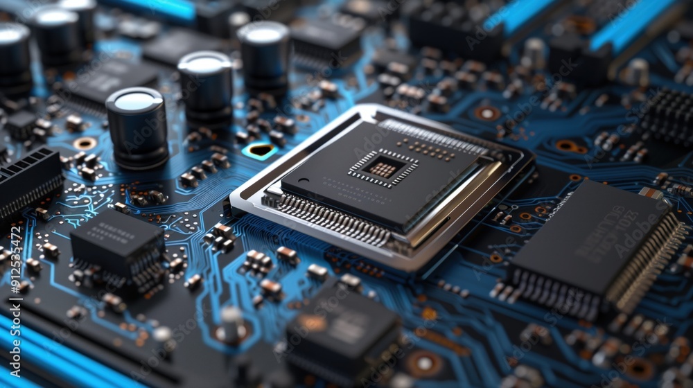 A close-up view of a microprocessor prominently featured on a circuit board, showcasing intricate connections and components under bright lighting A close-up view of a microprocessor prominently featured on a circuit board, showcasing intricate connections and components under bright lighting