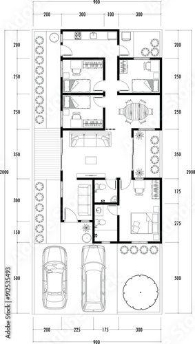 Architecture plan with furniture. home floor plan, isolated on white background, stock illustration.