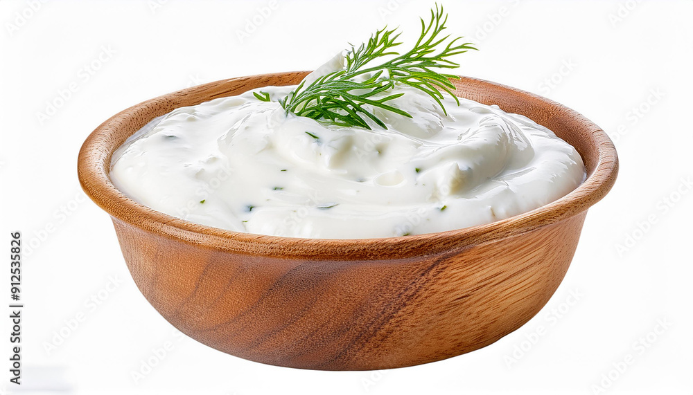 Tasty tzatziki sauce in a wooden bowl with sliced Tasty tzatziki sauce in a wooden bowl with sliced