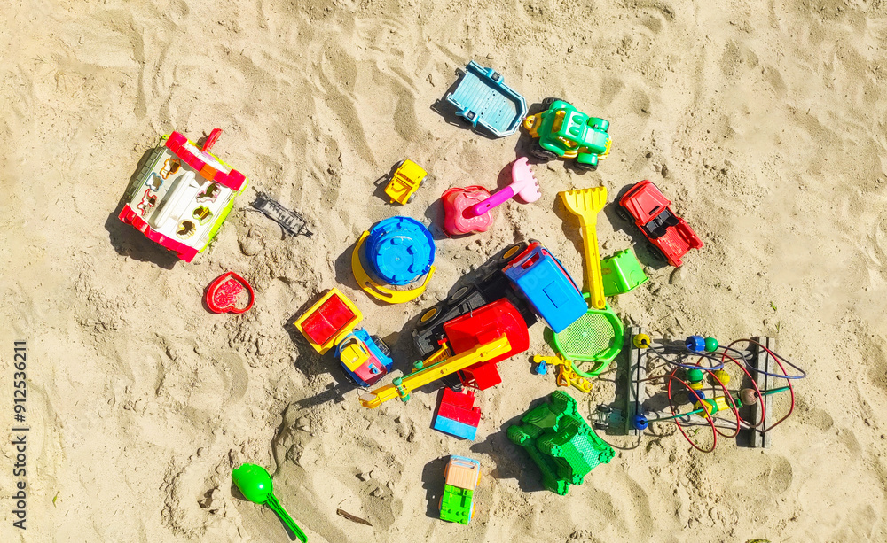 Children's sandbox outdoor with play game toys over head view