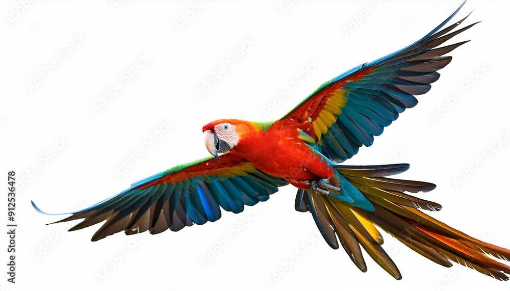 Fototapeta premium PNG of a colorful parrot in mid-flight.