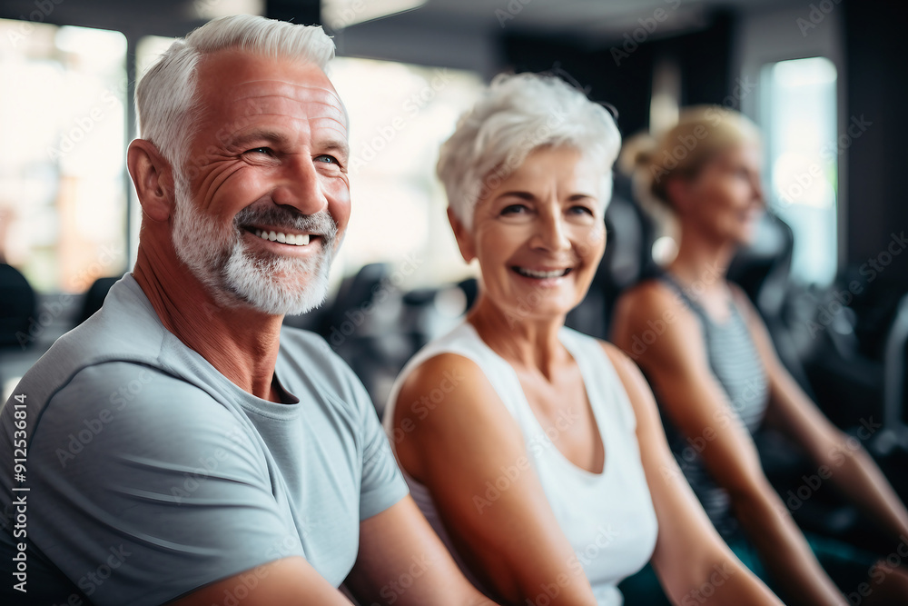 Beautiful elderly people attending gym having healthy lifestyle way of life, modern indoors sports space, Generative AI Beautiful elderly people attending gym having healthy lifestyle way of life, modern indoors sports space, Generative AI