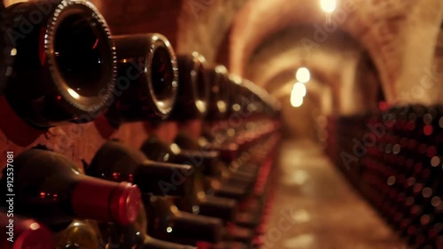 A myriad of bottles in the traditional rustic wine cellar underground.