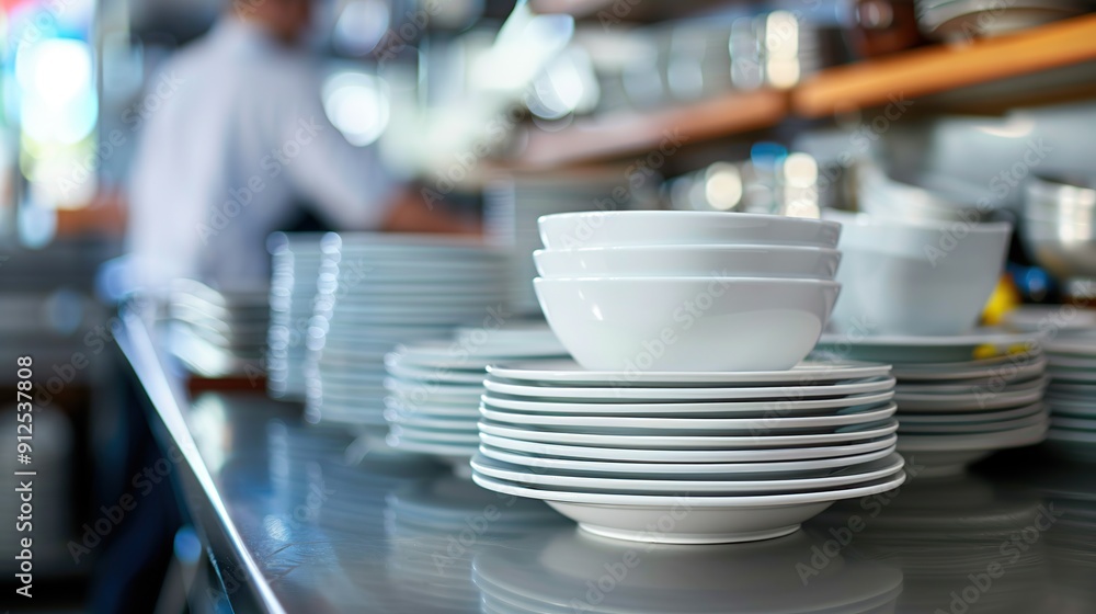 Clean dishes at a restaurant bar counter with selective focus and copy space for text. Clean dishes at a restaurant bar counter with selective focus and copy space for text.