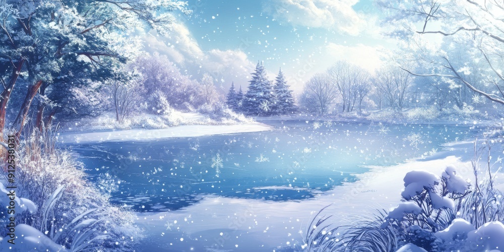 Fototapeta premium Winter's Tranquil Embrace: A High-Resolution Hand-Drawn Illustration Capturing the Peaceful Aspects of Nature in Snow, with Precision and Gentle Warmth in Anime Style