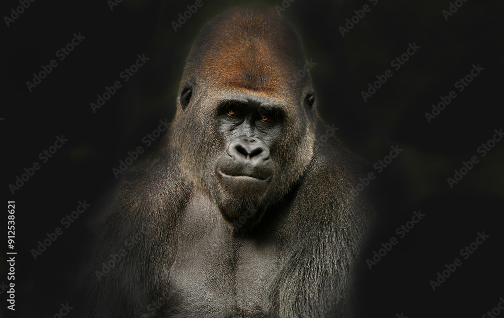 Obraz premium A gorilla with a serious expression on a dark background