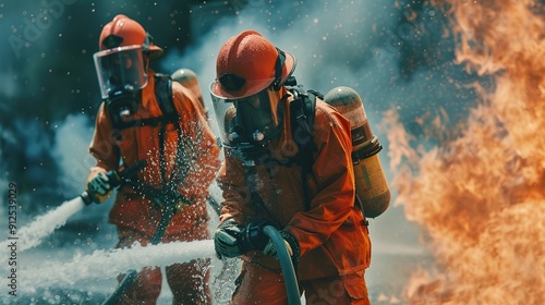 Firefighter training., fireman using water and extinguisher to fighting with fire flame in an emergency situation., under danger situation all firemen wearing fire fighter suit for safety.