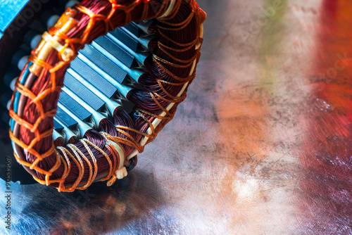 Electric motor stator with winding coil on metal surface of workshop table, close-up view