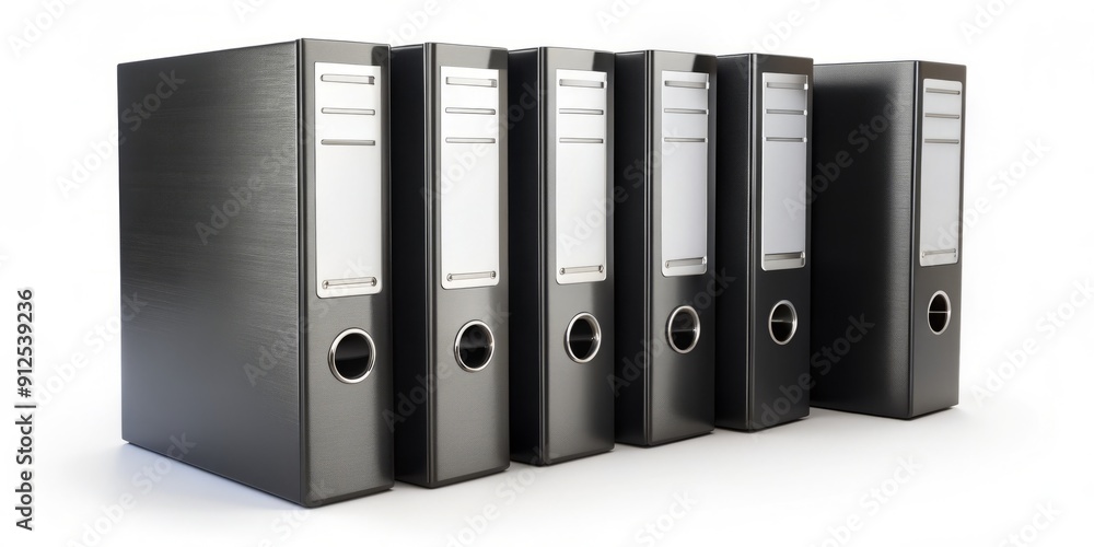 Four sleek black office folders with silver metal prongs, perfectly arranged in a row, isolated on a clean white background, awaiting important documents. Four sleek black office folders with silver metal prongs, perfectly arranged in a row, isolated on a clean white background, awaiting important documents.
