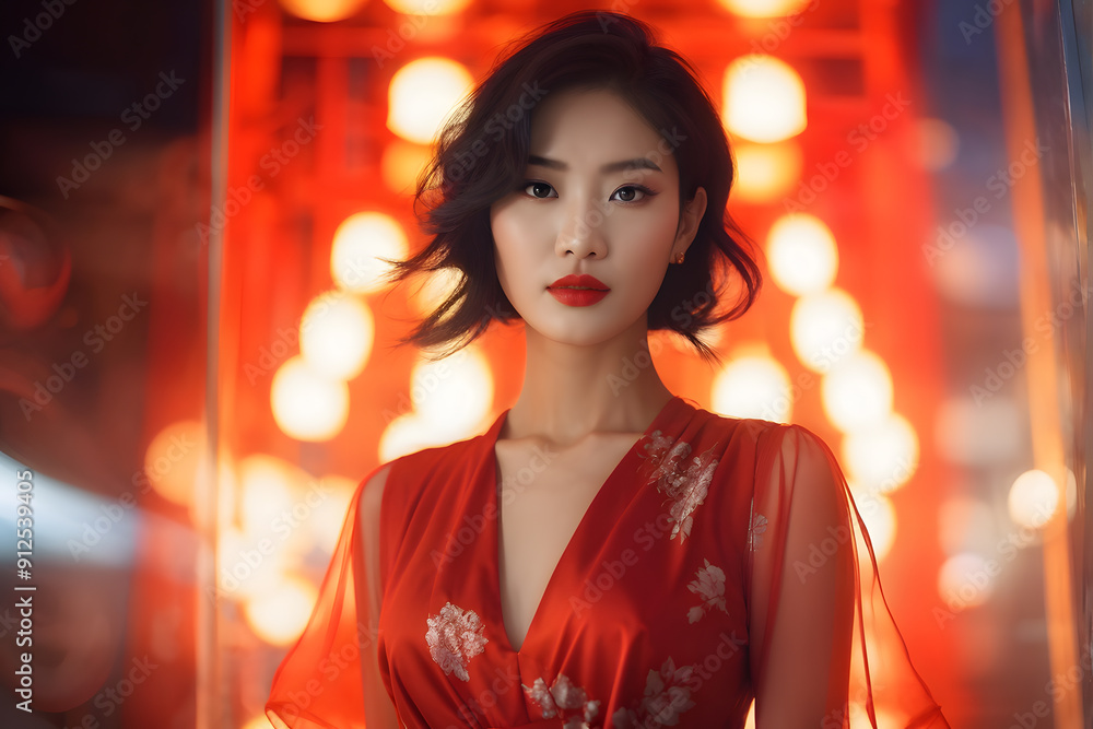 A woman in a red dress poses for a photo in front of a red background A woman in a red dress poses for a photo in front of a red background
