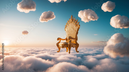 Golden throne among the passing clouds, rising sun, heaven and God concept, empty seat photo