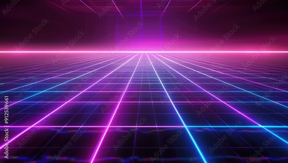 A neon grid background with glowing lines in purple and blue, creating an atmosphere reminiscent of the '80s retro wave style popularized by vaporwave aesthetics. The grid is symmetrical A neon grid background with glowing lines in purple and blue, creating an atmosphere reminiscent of the '80s retro wave style popularized by vaporwave aesthetics. The grid is symmetrical