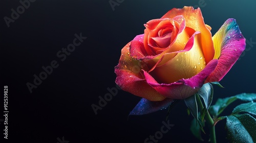 Close-up of a vividly colored rose with pink, orange, and yellow hues, adorned with water droplets, set against a dark, blurred background. Perfect for romantic, floral, and nature themes