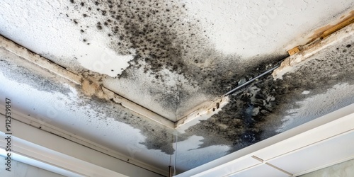 Close-up of black mold spreading on a ceiling, with fuzzy patches of toxic growth creeping across the surface, indicating water damage and neglect.