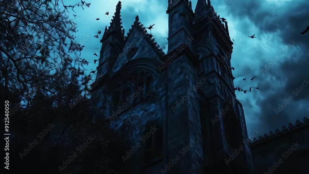 Spooky old gothic castle, foggy night, haunted mansion Spooky old gothic castle, foggy night, haunted mansion