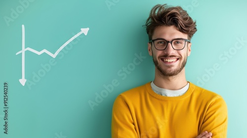 A professional standing in front of a whiteboard with a graph showing upward growth, symbolizing business success and accomplishment, with ample room for copy.