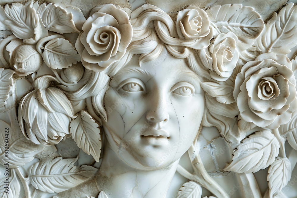 Fototapeta premium Marble bust of a woman with flowers around her neoclassicism sculpture generative ai