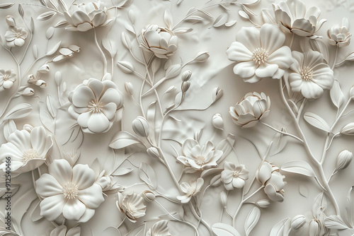 AI generated illustration an intricate white bas-relief sculpture of flowers on a wall