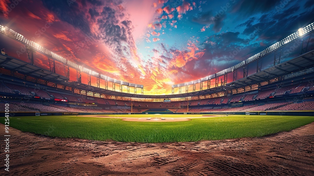 Panoramic view of a stadium with a baseball field and vibrant sky at sunset. copy space for text. Panoramic view of a stadium with a baseball field and vibrant sky at sunset. copy space for text.