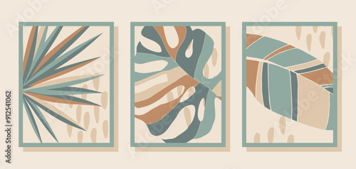 Set of abstract wall art vector. Leaves, organic shapes, tropical leaf in hand drawn style. Wall decoration collection design for interior, poster, cover, banner.
