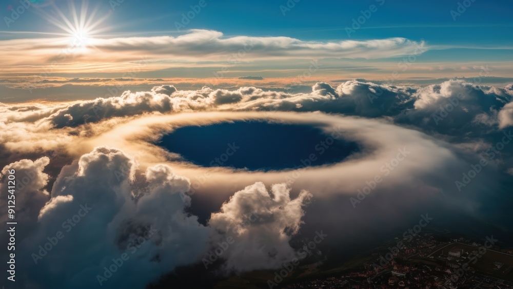 Fototapeta premium A view of a hole in the clouds above some sun, AI
