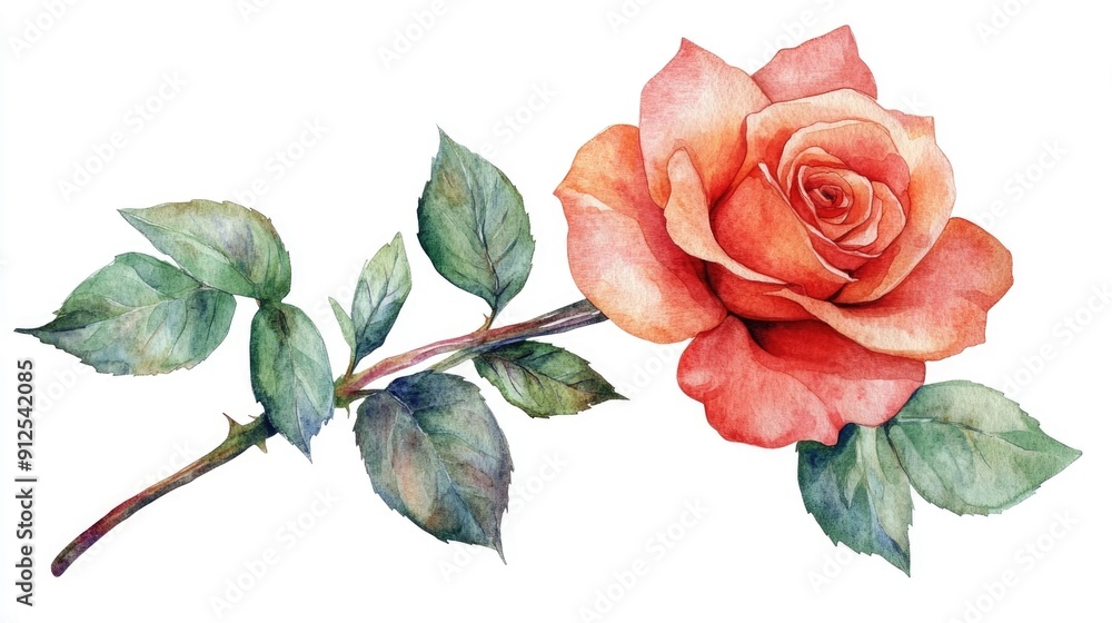 Fototapeta premium Elegant and Romantic Watercolor of a Delicate Rose Flower in Soft Pink and Red Colors Isolated on a Clean White Background for Floral Designs and