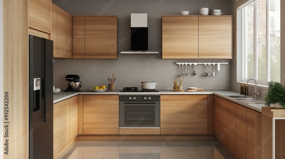 Fototapeta premium Modern kitchen design featuring wooden cabinets, sleek appliances, and a bright atmosphere.
