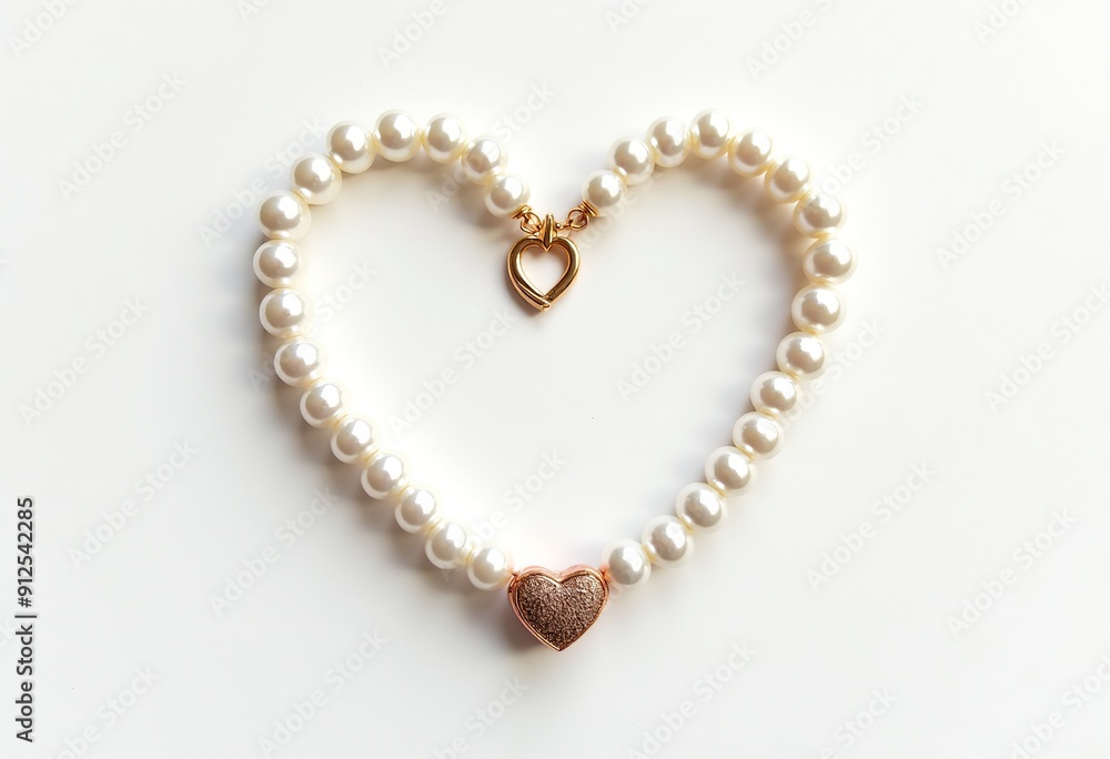 Elegant Pearl Necklace with Heart-Shaped Clasp - Minimalist Jewelry Design on White Background Elegant Pearl Necklace with Heart-Shaped Clasp - Minimalist Jewelry Design on White Background