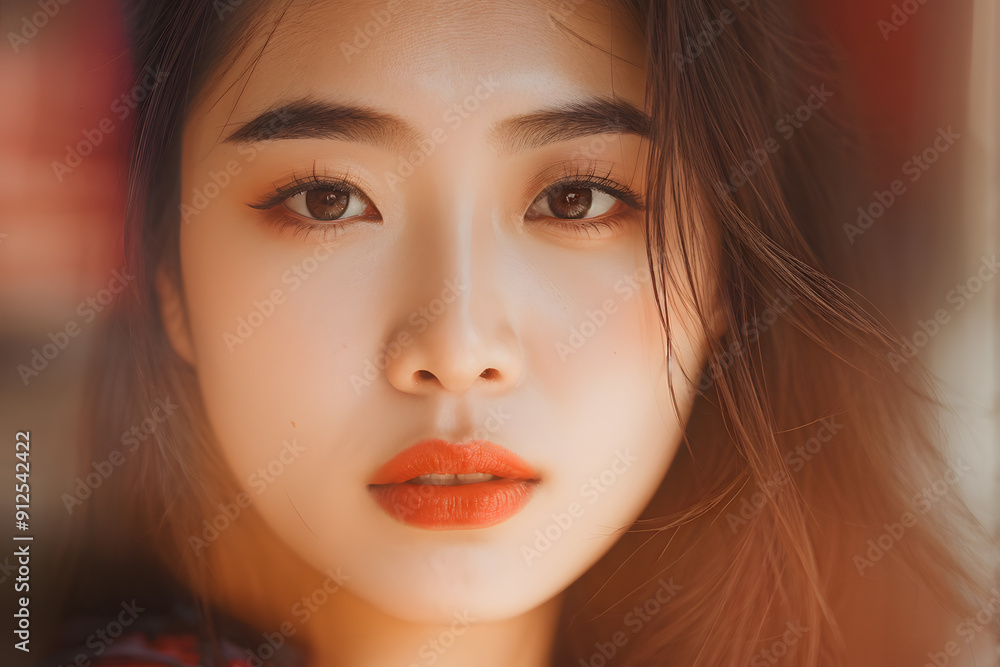 A woman with long brown hair and red lipstick A woman with long brown hair and red lipstick