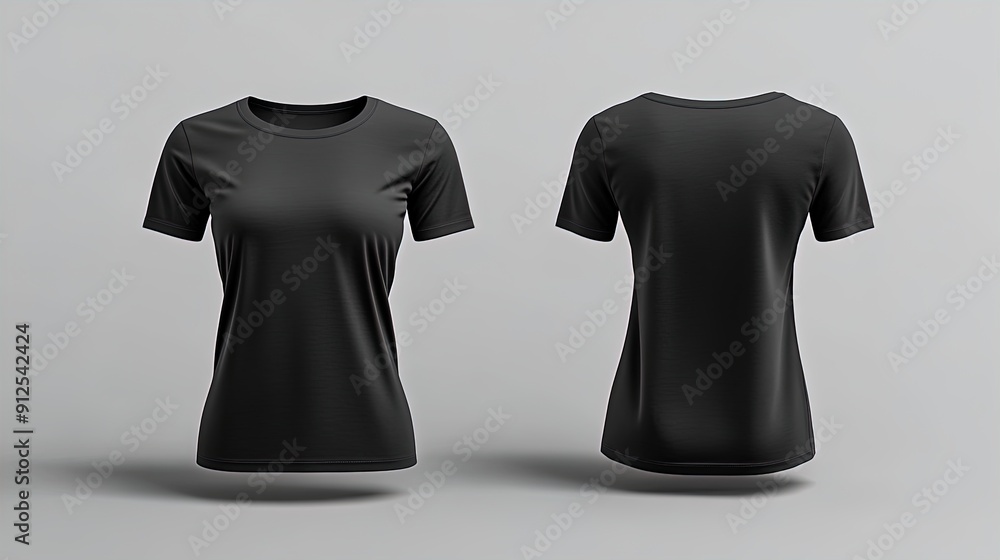 Minimalist Black T-Shirt Display: Perfect for Sports Interior Decor, Showcasing Front and Back Views on Invisible Mannequin with Smooth Fabric Details Against Light Gray Background Minimalist Black T-Shirt Display: Perfect for Sports Interior Decor, Showcasing Front and Back Views on Invisible Mannequin with Smooth Fabric Details Against Light Gray Background