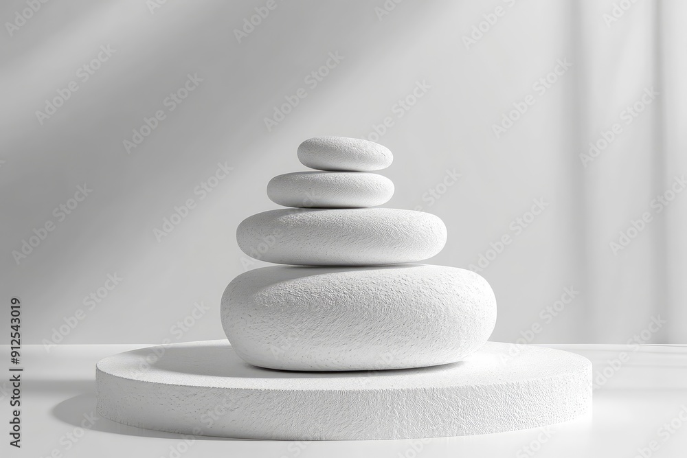 Stack white stones platform podium on gray light copy space background. Minimal empty display product presentation scene, ai Stack white stones platform podium on gray light copy space background. Minimal empty display product presentation scene, ai