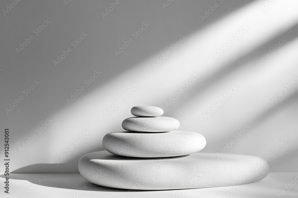 Stack white stones platform podium on gray light copy space background. Minimal empty display product presentation scene, ai Stack white stones platform podium on gray light copy space background. Minimal empty display product presentation scene, ai