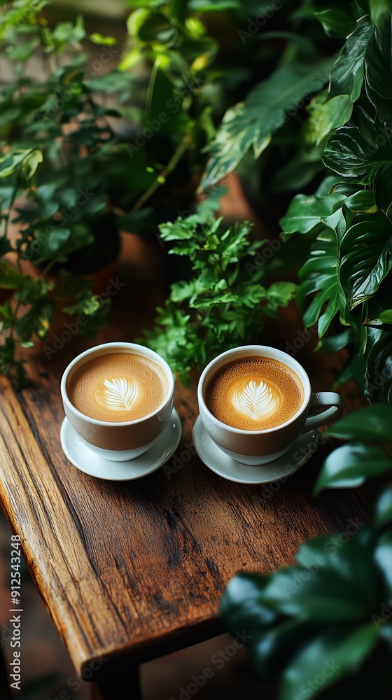 Two cups of latte with leaf designs on a wooden table surrounded by lush green plants. Two cups of latte with leaf designs on a wooden table surrounded by lush green plants.